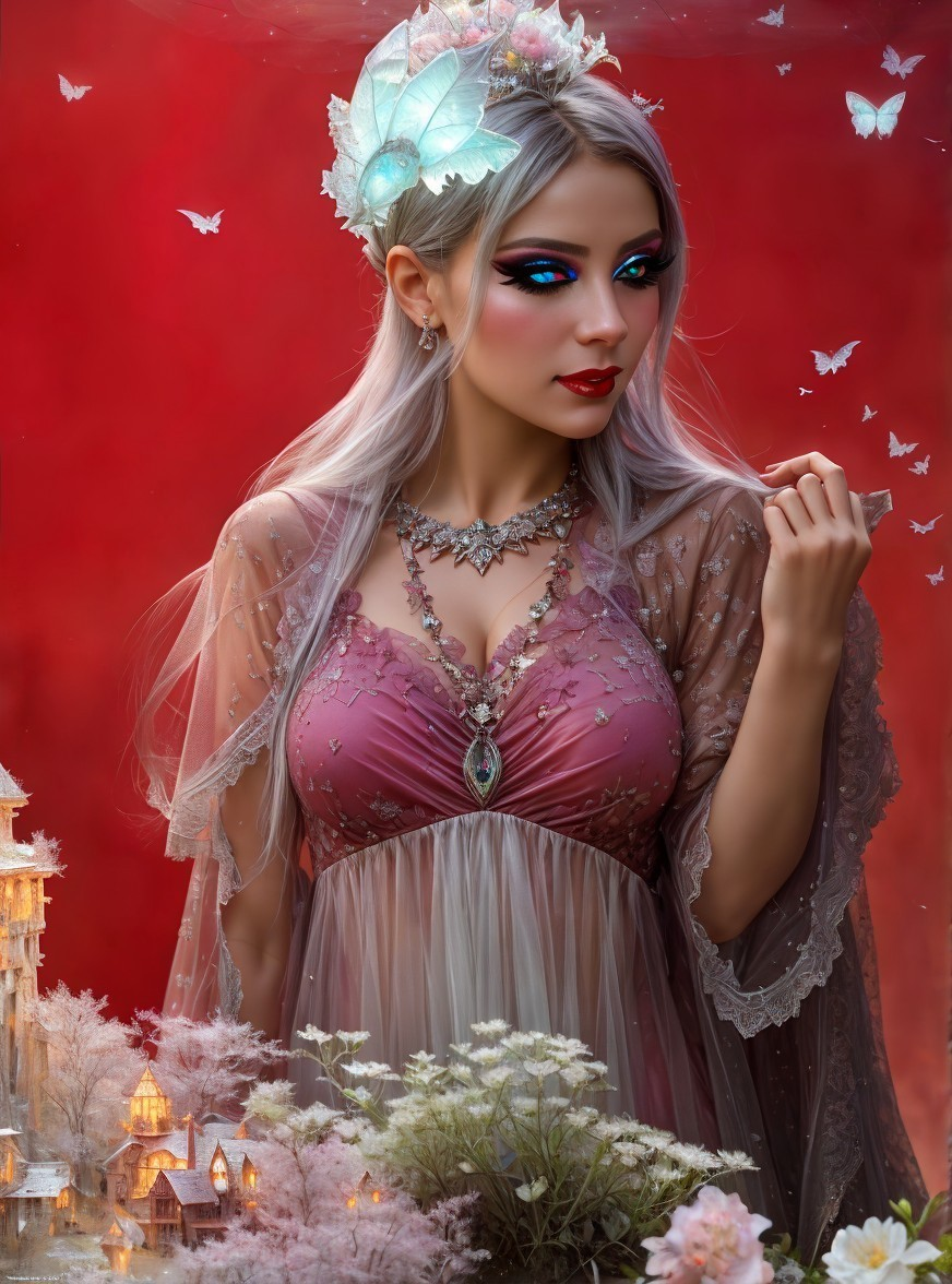 Silver-haired person in fantasy costume with jewel-toned dress and floral crown on red backdrop with butterflies