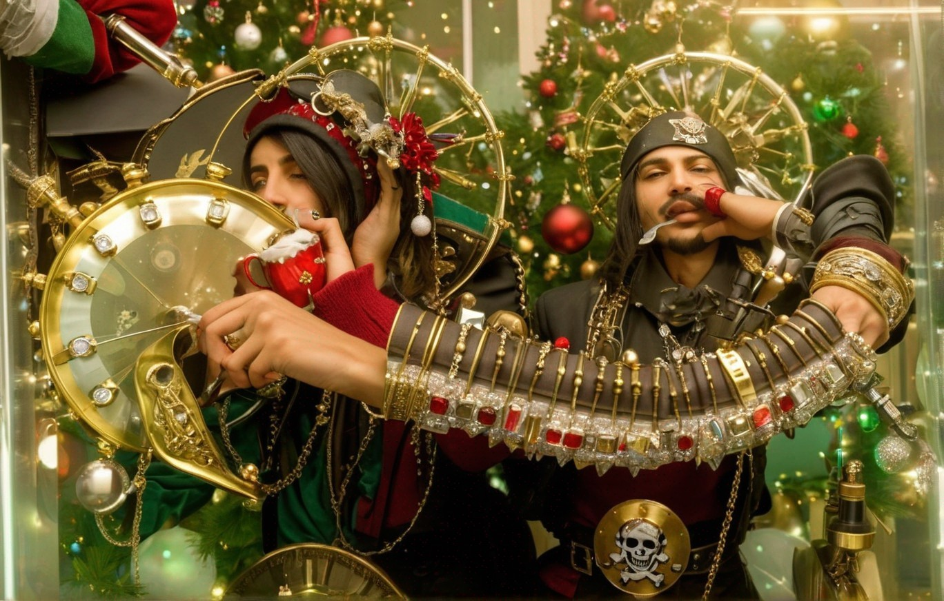 Pair in Pirate and Clock Costumes by Christmas Tree