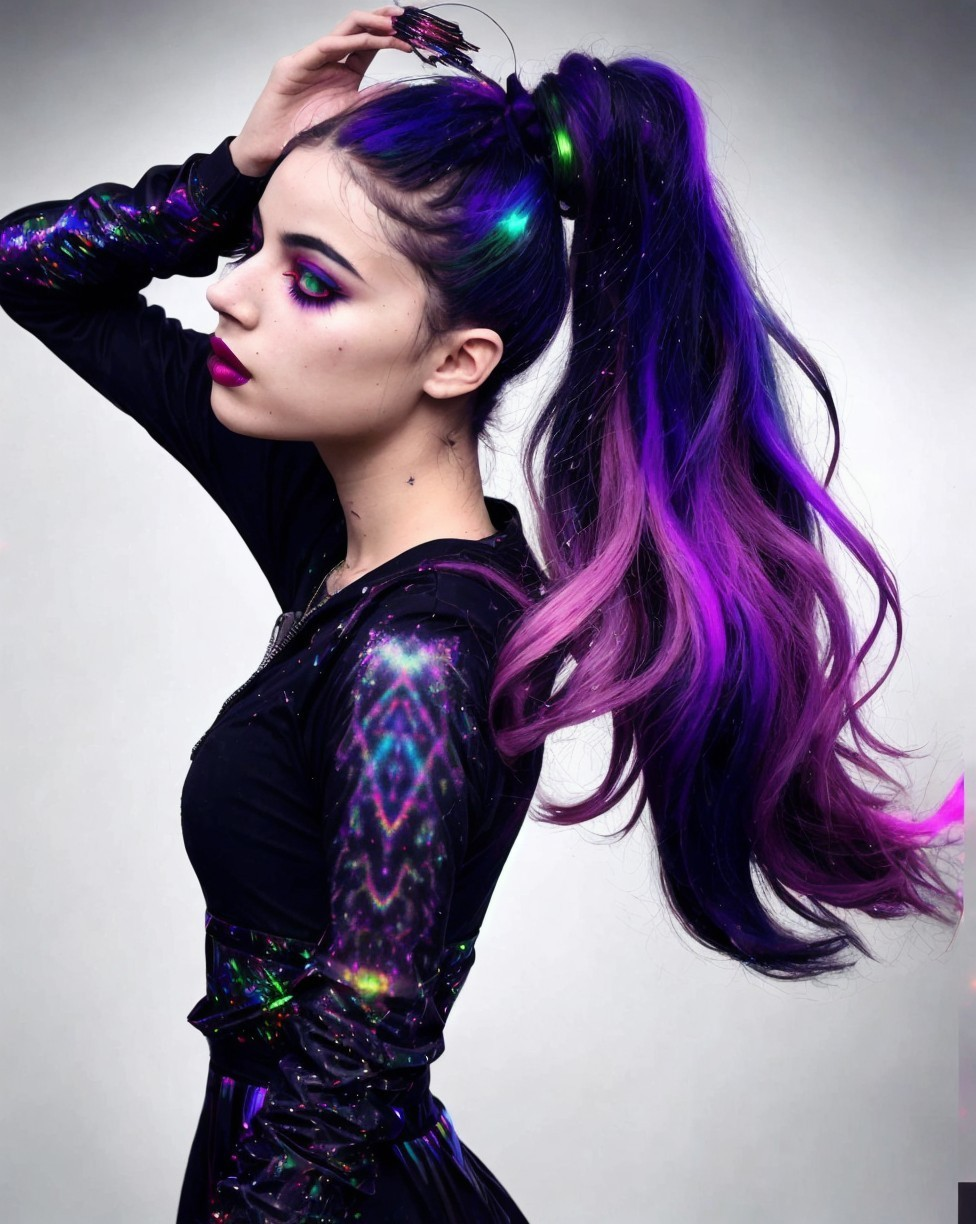 Young Woman with Vibrant Purple Hair and Dramatic Makeup