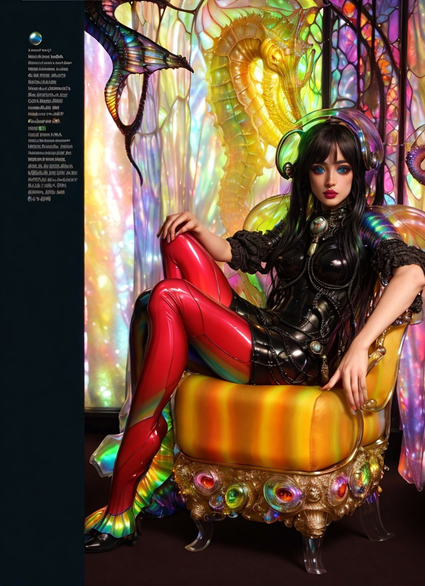 Futuristic woman with blue hair and red boots on colorful couch