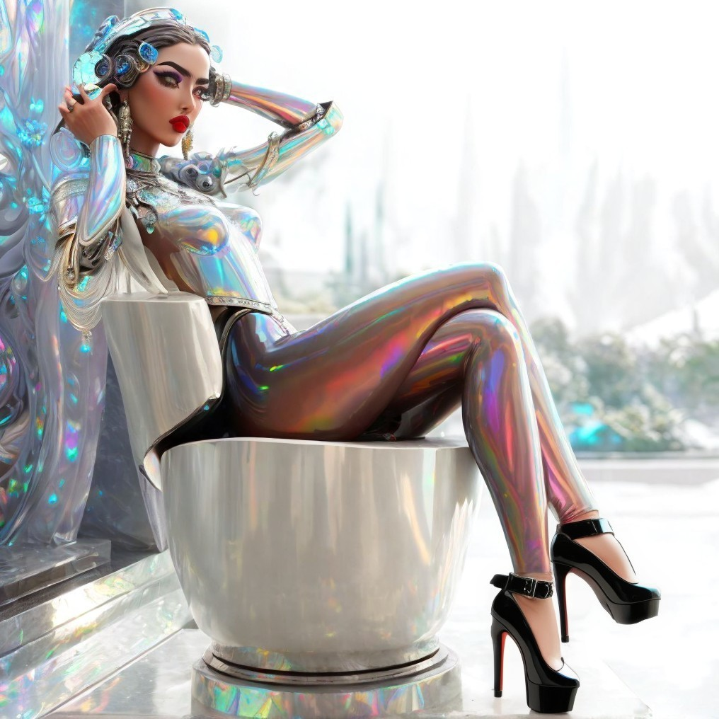 Metallic-skinned humanoid in iridescent attire on metal chair, surrounded by intricate patterns