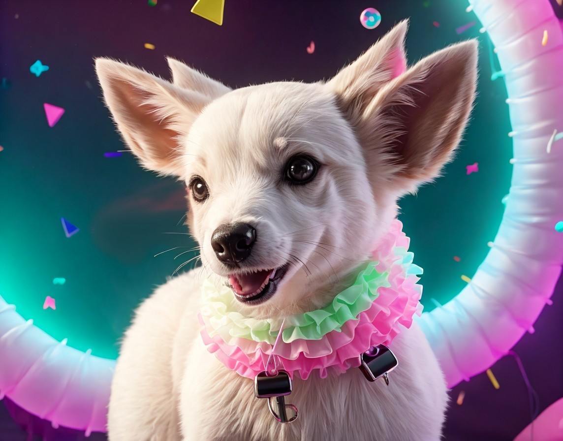 White Dog with Large Ears in Colorful Collar and Party Setting