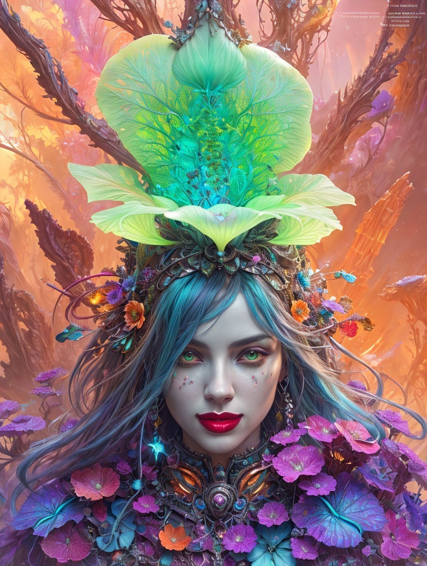 Teal-haired woman with vibrant headdress in pink forest.