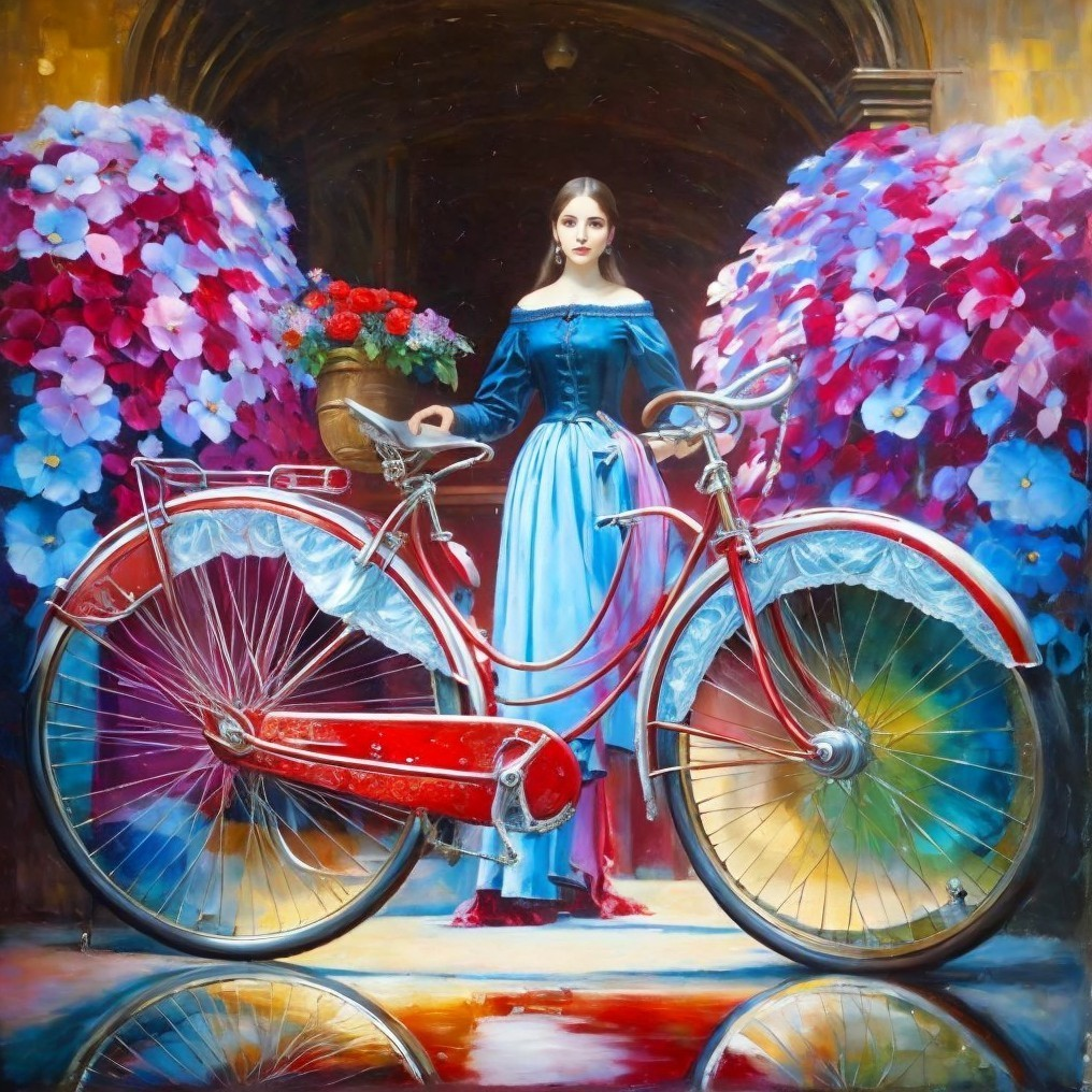 Woman in Blue Dress with Red Bicycle and Flowers in Baskets