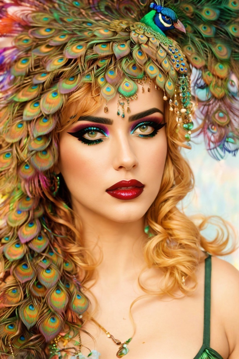 Woman in vibrant peacock feather headdress with bold makeup gazes at camera