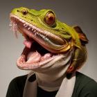 Green lizard in festive outfit with open mouth on grey background
