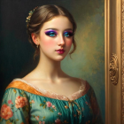 Colorful portrait of a woman with teal hair and floral decorations in ornate golden frame