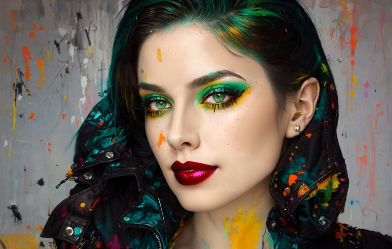 Vibrant green eye makeup and red lipstick on woman against paint backdrop