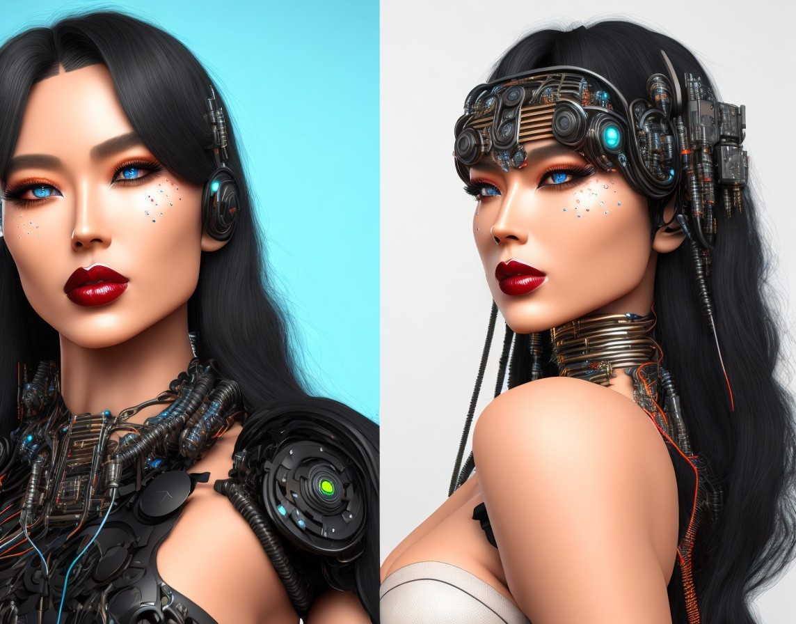 Cybernetic enhancements vs. natural look: Split image comparison of woman showcasing human-machine contrast