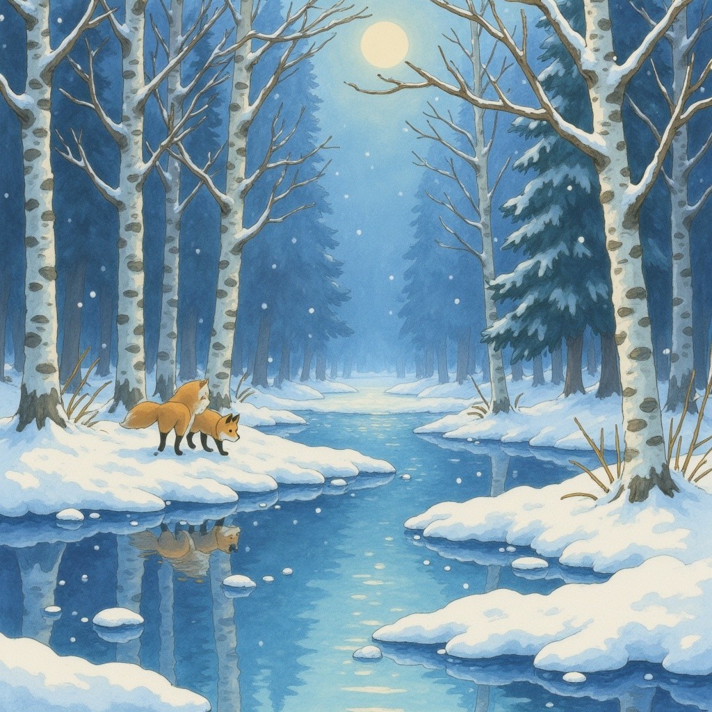 Winter Landscape with Foxes by a Tranquil River