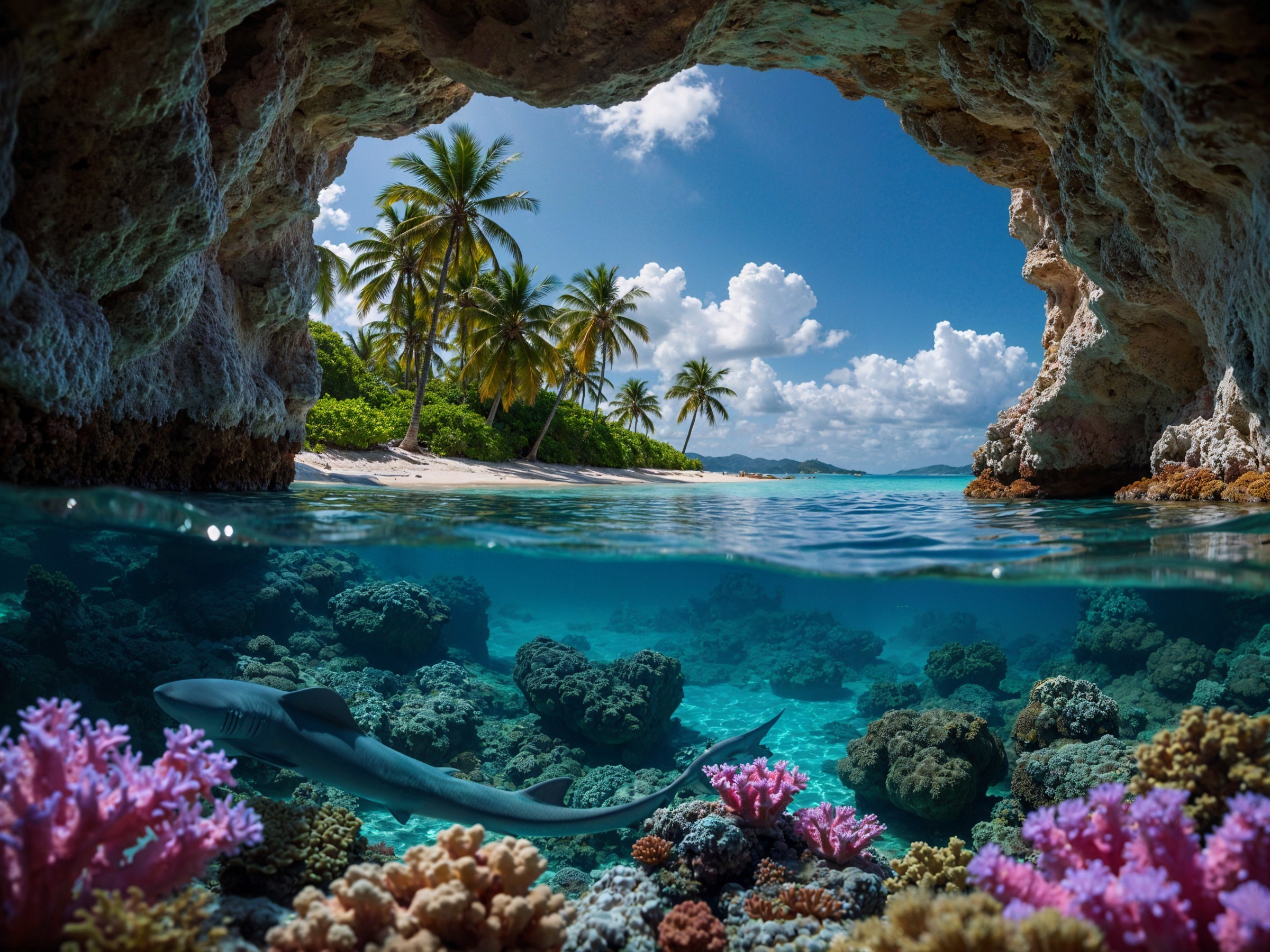 Underwater Coral Reefs and Tropical Beach Scene