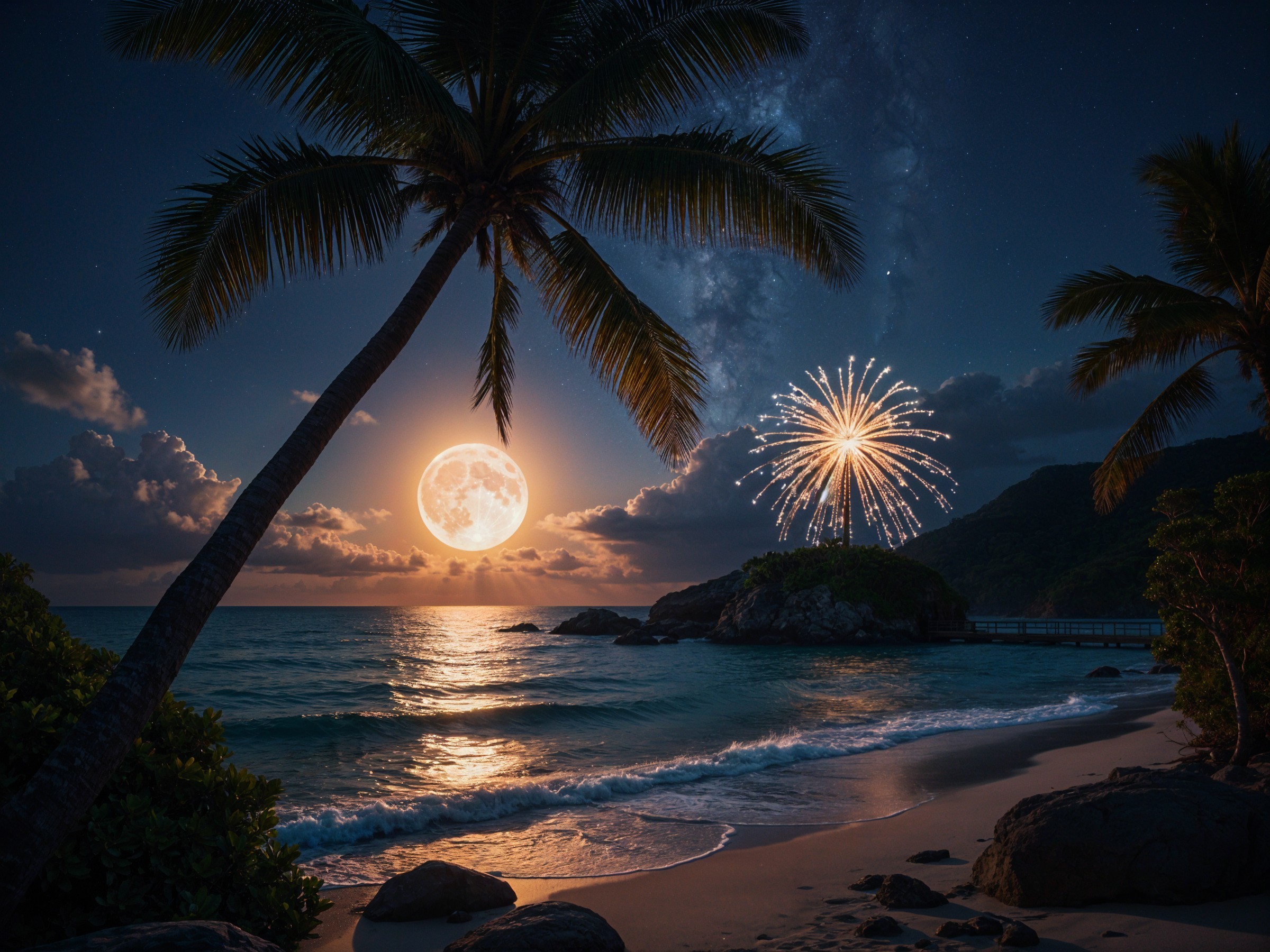 Nighttime Beach Scene with Moon and Fireworks