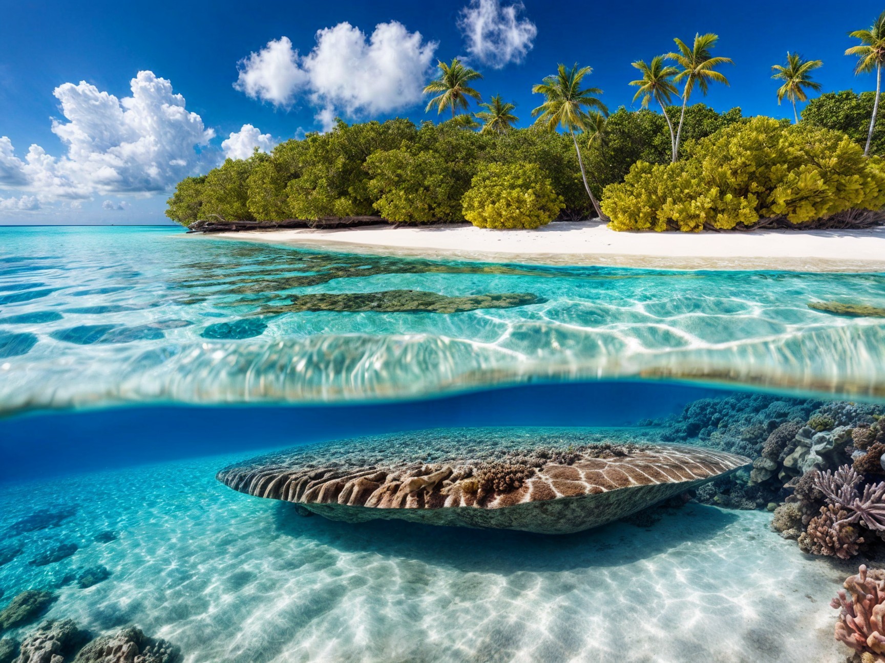 Tropical Beach with Coral Reefs and Sea Turtle