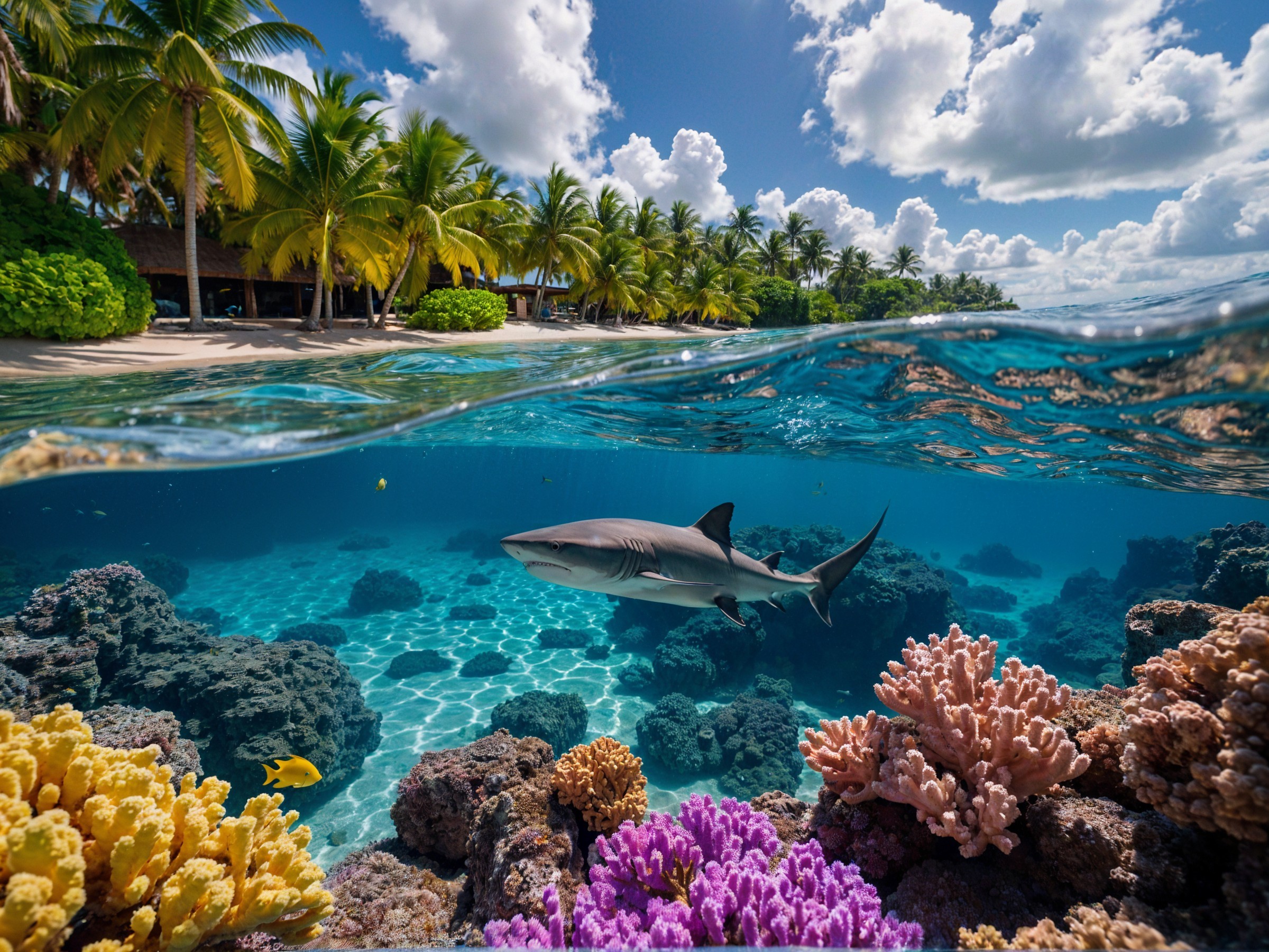 Vibrant Underwater Scene with Shark and Coral Reefs