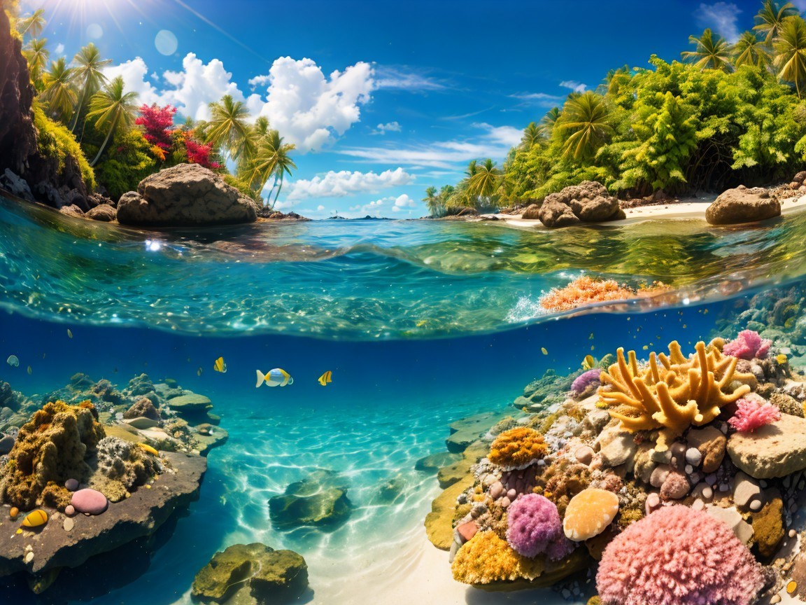 Vibrant Underwater Scene with Coral Reefs and Beach