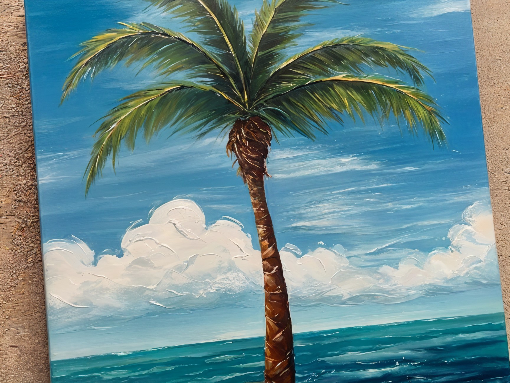 Vibrant Tropical Scene with Palm Tree and Ocean Waves