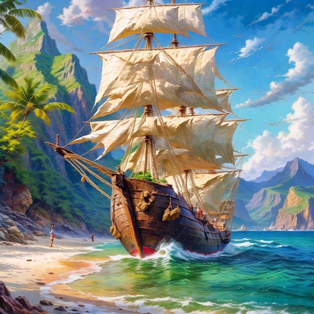 Tall Ship Sailing in Tropical Waters with Cliffs