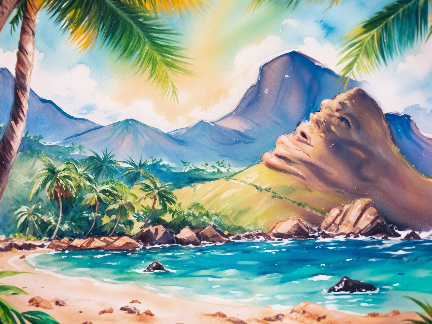 Vibrant Tropical Landscape with Beach and Mountains