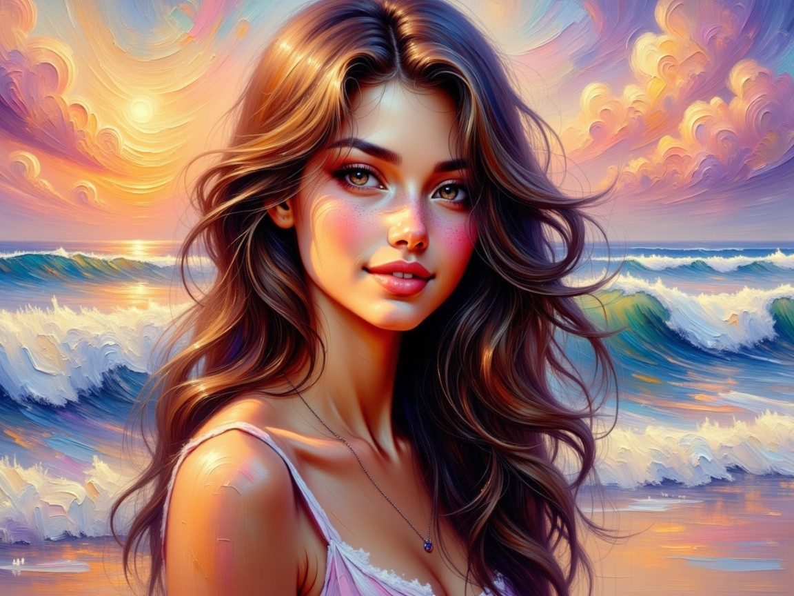 Young Woman at Beach Sunset with Flowing Brown Hair
