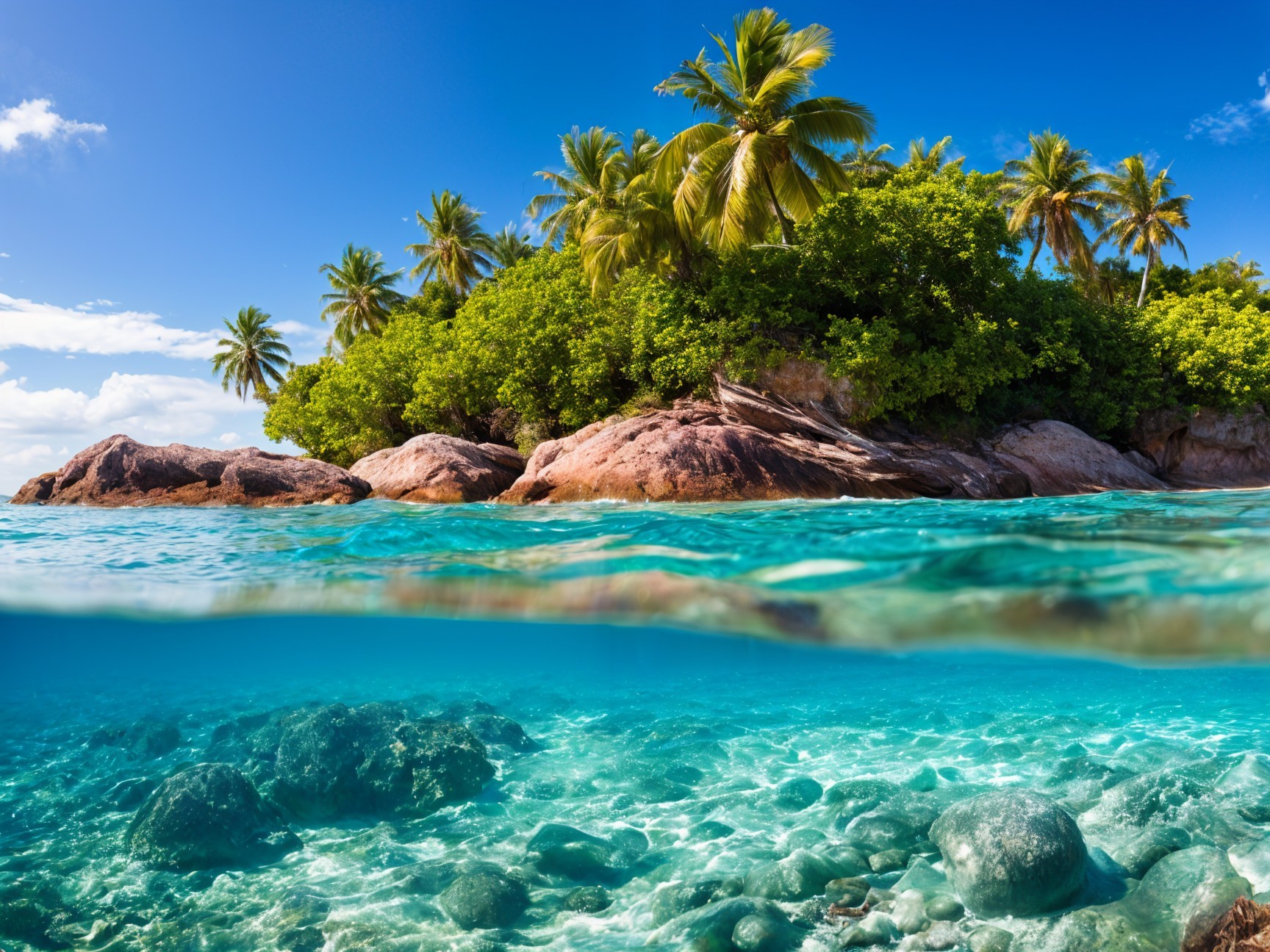 Tropical Scene with Palm Trees and Turquoise Ocean