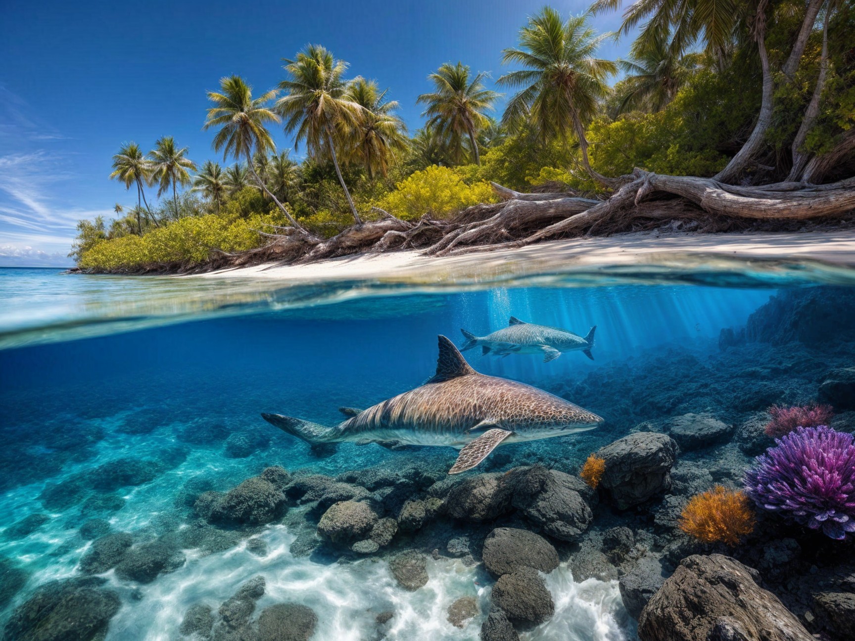 Vibrant Ocean Scene with Shark and Coral Reef