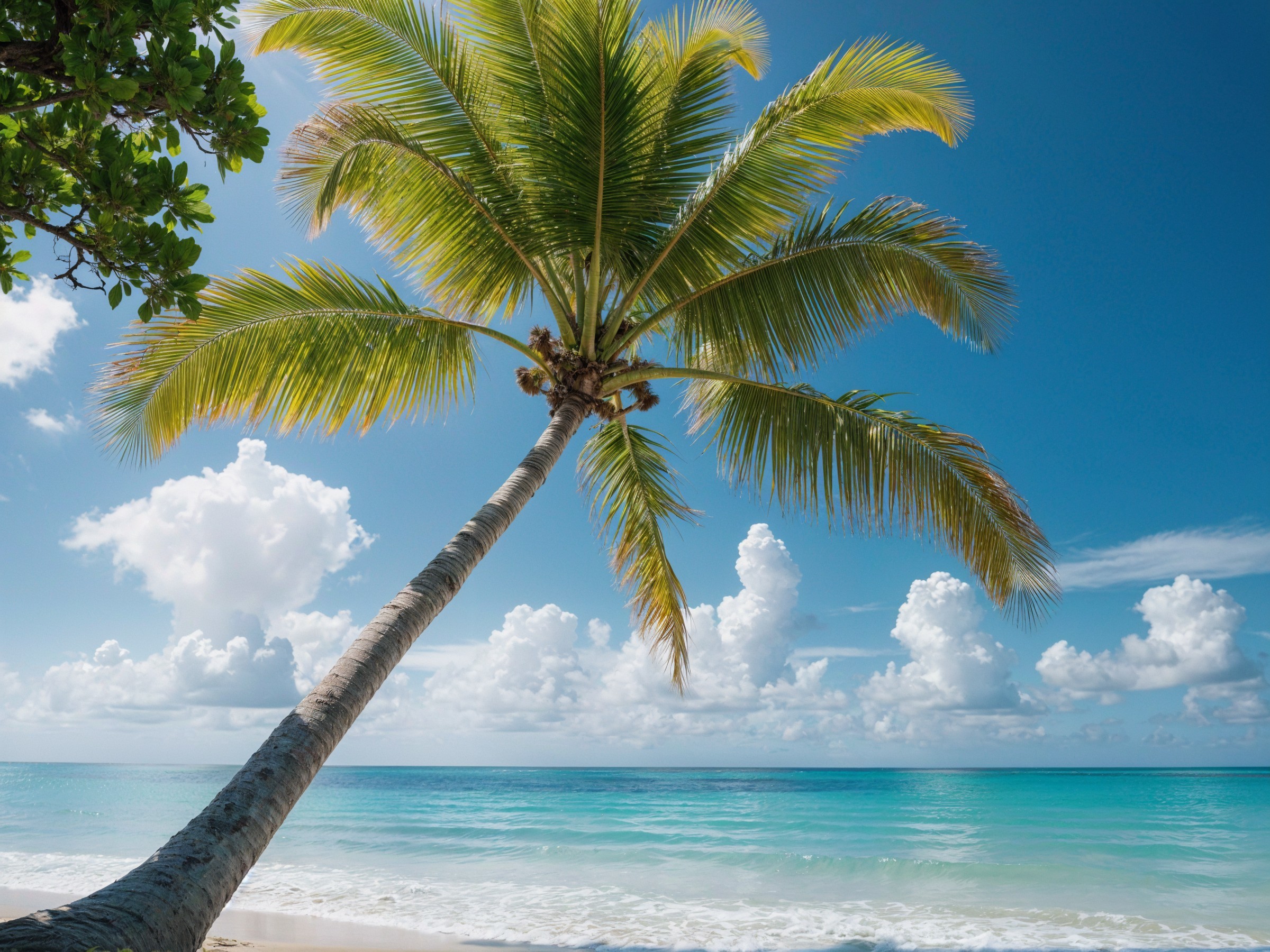 Tropical Beach Scene with Palm Tree and Ocean Waves