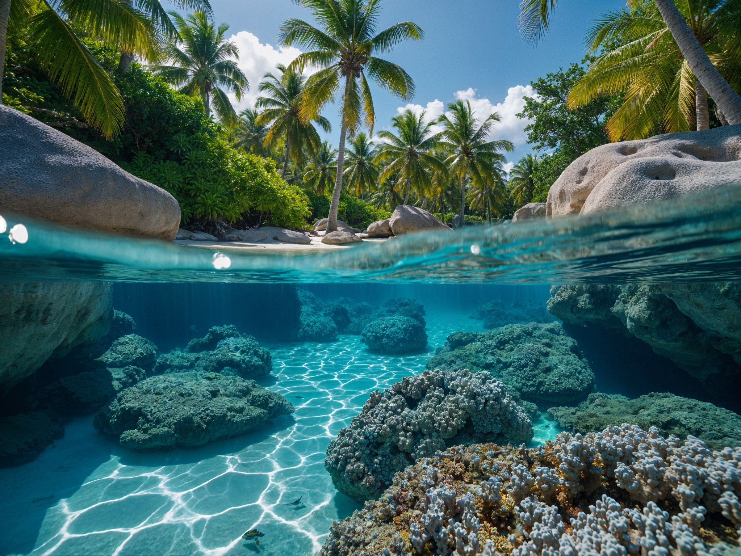 Tropical Underwater Scene with Coral and Palm Trees