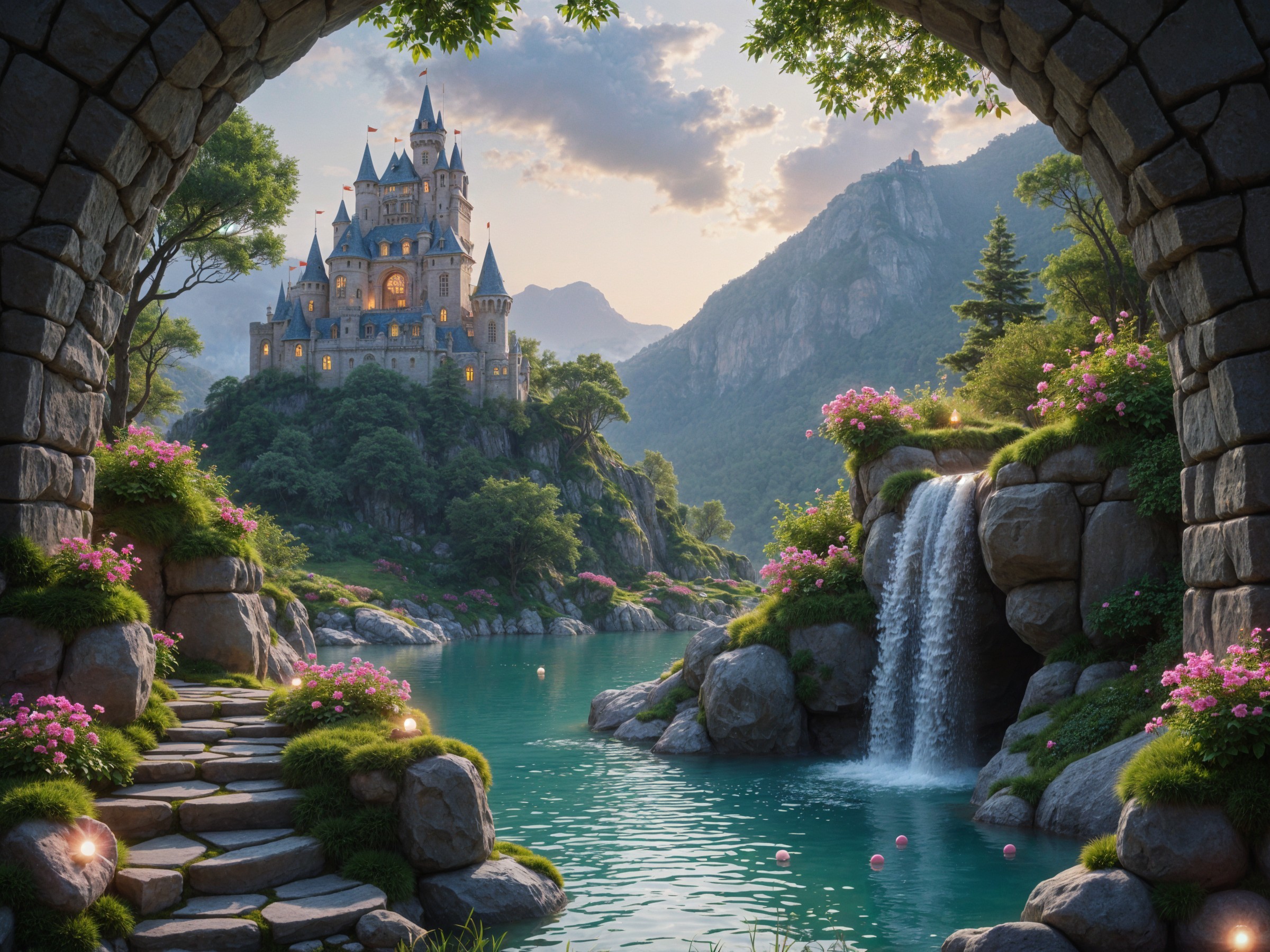 Majestic castle on a hill with serene river and waterfall