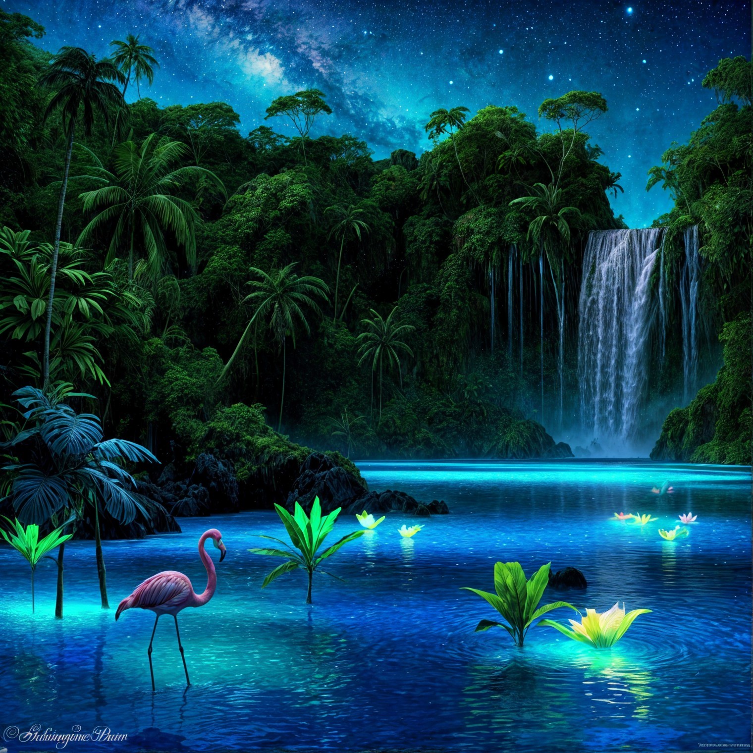 Tropical Landscape with Flamingo Under Starry Sky