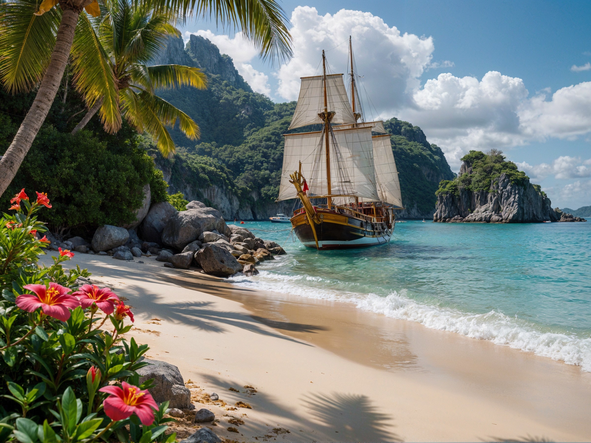 Picturesque Beach Scene with Ship and Tropical Flora