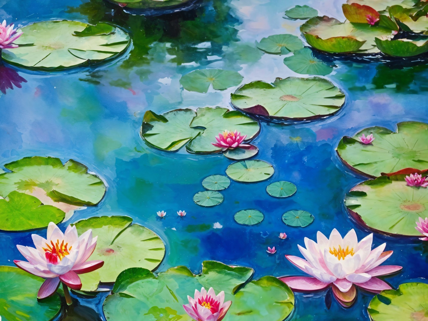 Vibrant Water Lilies on a Tranquil Blue Pond