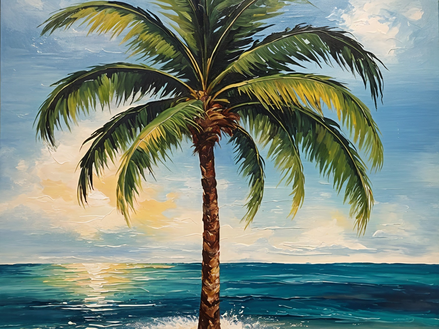 Vibrant Palm Tree Against Serene Seascape Background