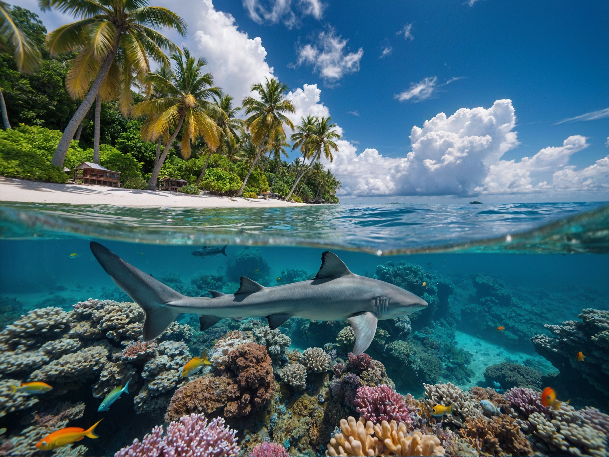 Vibrant Ocean Scene with Shark and Coral Reef