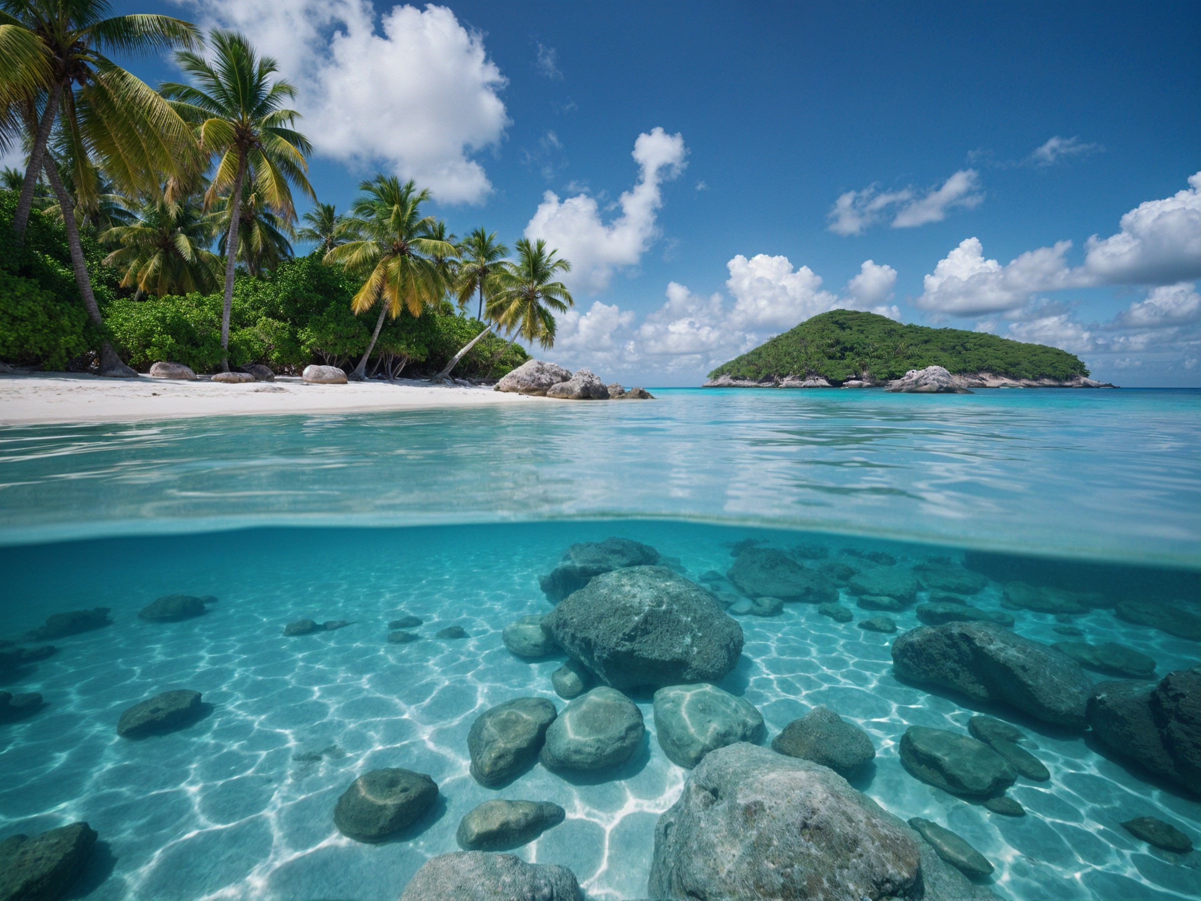 Tranquil Tropical Beach with Turquoise Waters and Palm Trees