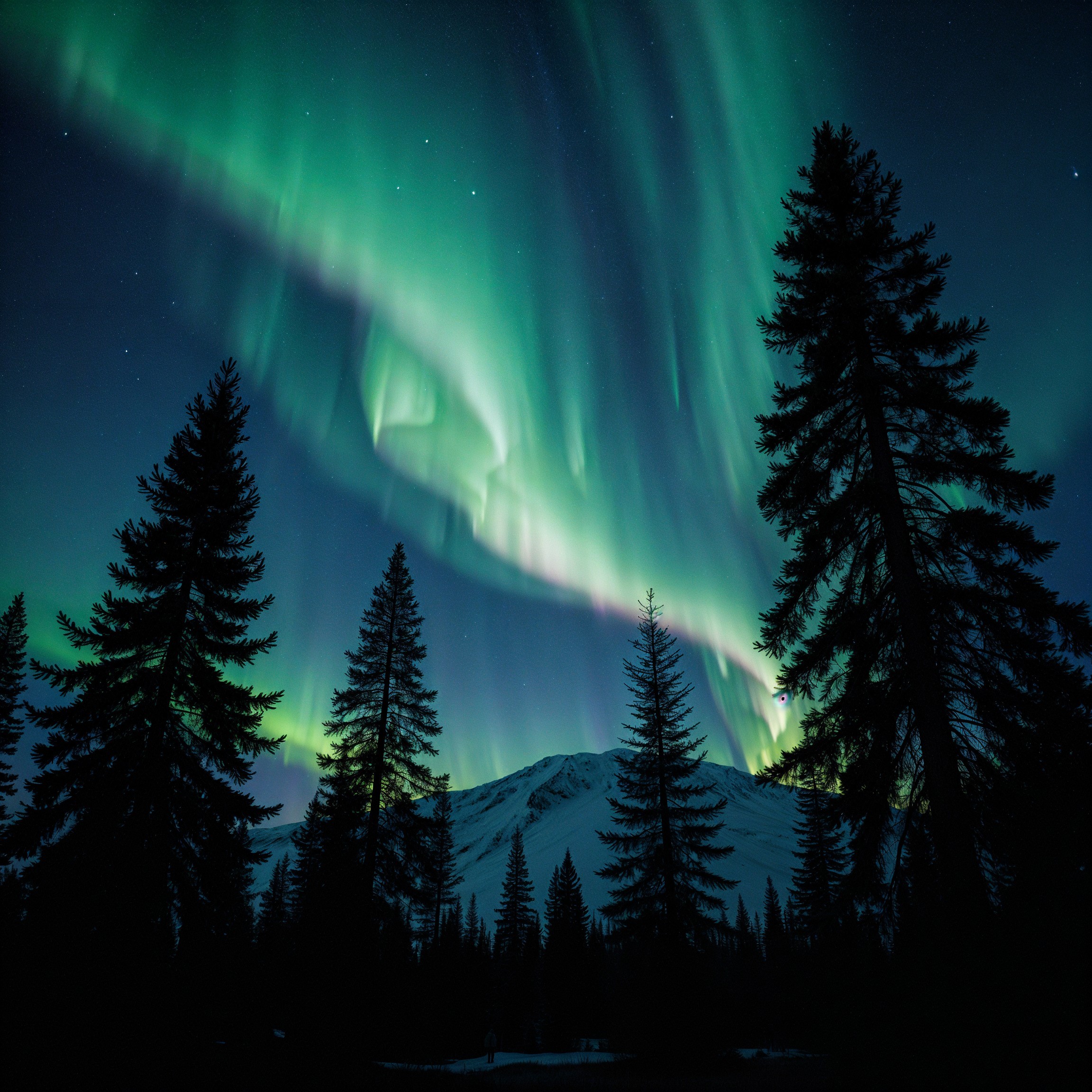 Northern Lights Over Snow-Covered Mountains and Trees