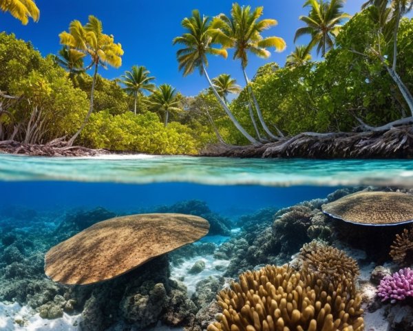 Vibrant Tropical Lagoon with Coral Reefs and Marine Life