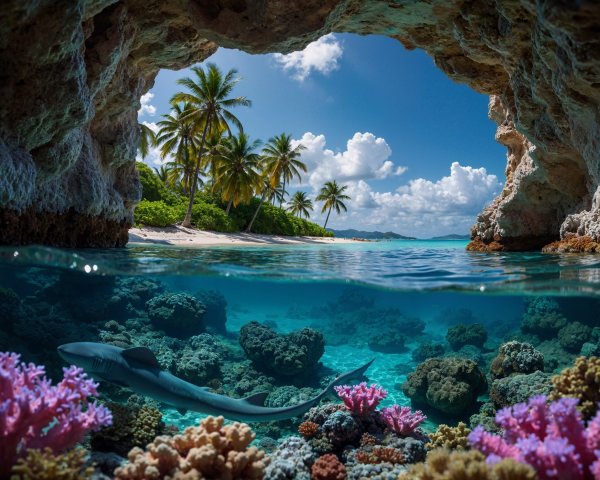 Underwater Coral Reefs and Tropical Beach Scene