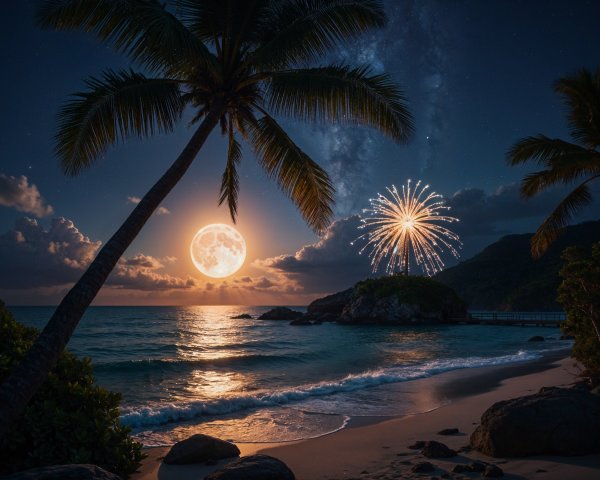 Nighttime Beach Scene with Moon and Fireworks