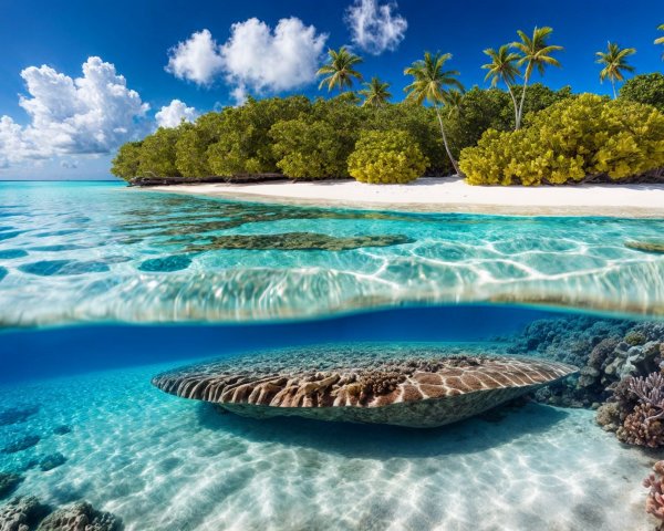 Tropical Beach with Coral Reefs and Sea Turtle