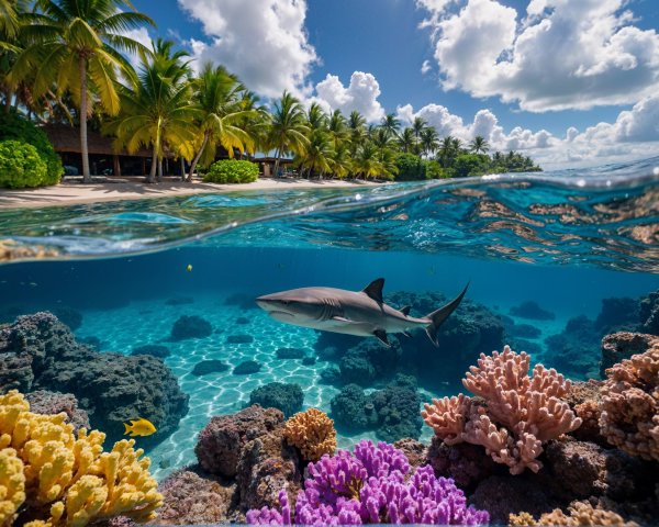 Vibrant Underwater Scene with Shark and Coral Reefs
