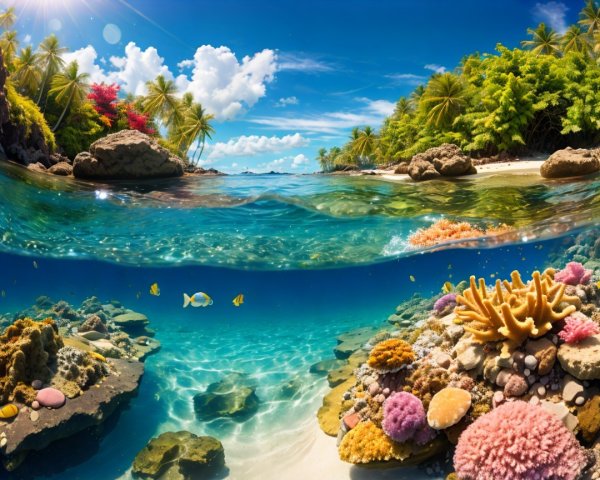 Vibrant Underwater Scene with Coral Reefs and Beach
