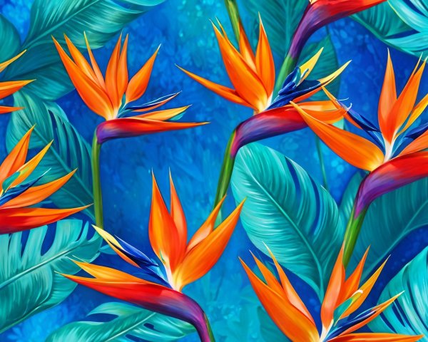 Vibrant Tropical Scene with Bird of Paradise Flowers