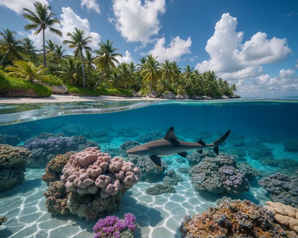 Underwater Scene with Coral Reefs and Shark