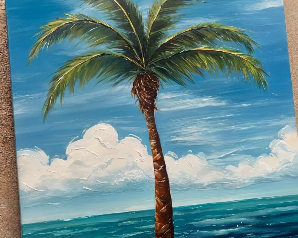 Vibrant Tropical Scene with Palm Tree and Ocean Waves
