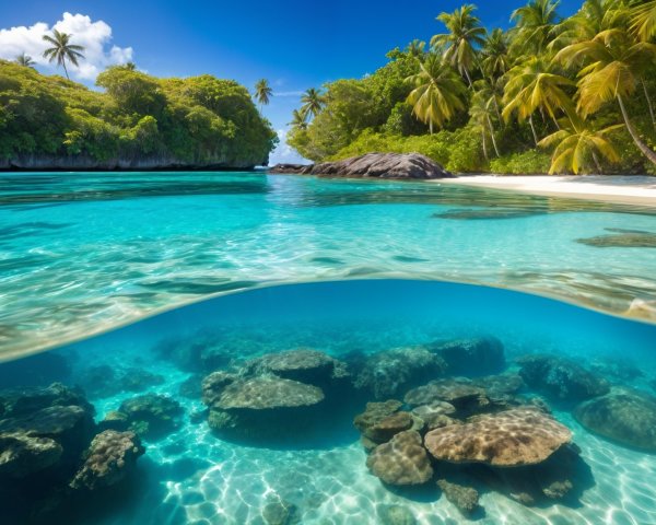 Tropical Landscape with Turquoise Waters and Palm Trees