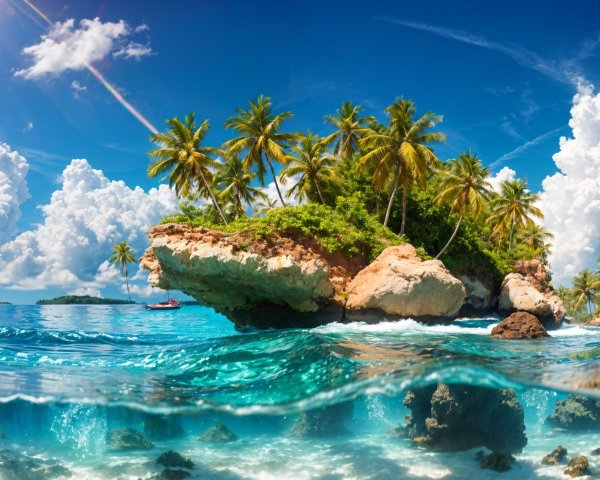 Tropical Island with Palm Trees and Turquoise Waters