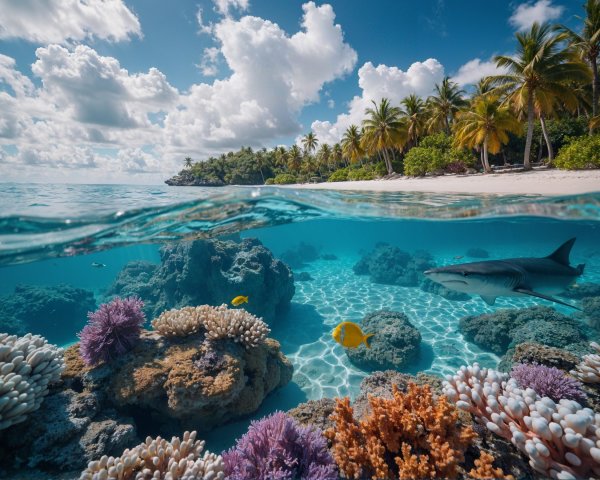 Turquoise Ocean with Coral Reefs and Marine Life