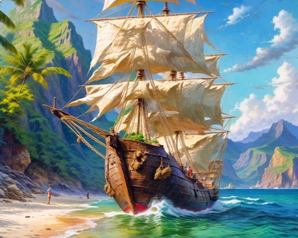 Tall Ship Sailing in Tropical Waters with Cliffs