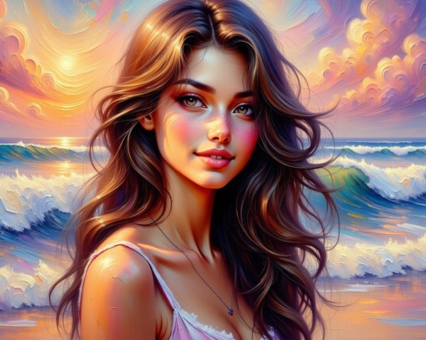 Young Woman at Beach Sunset with Flowing Brown Hair