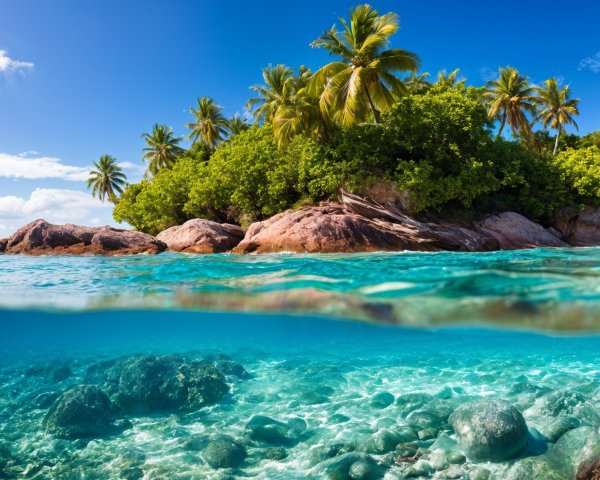 Tropical Scene with Palm Trees and Turquoise Ocean